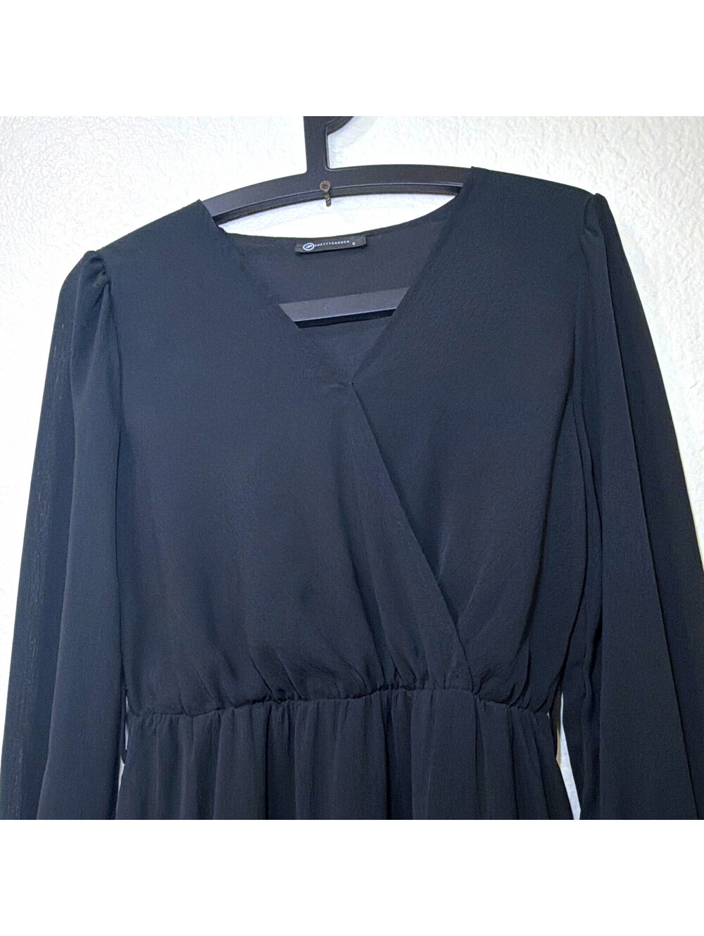 Prettygarden Women's Black V-Neck Long Sleeve Chiffon Ruffle Midi Dress S